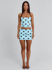 LULA REVERSIBLE TOP BLUE AND CHOCOLATE POLKA DOT