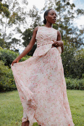 Mena Pleated Maxi Skirt - Blurred Pink Floral