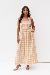 Gemini Halterneck Maxi Dress - Yellow Floral Gingham