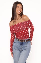 Caelira Off Shoulder Top - Red Polka Dot