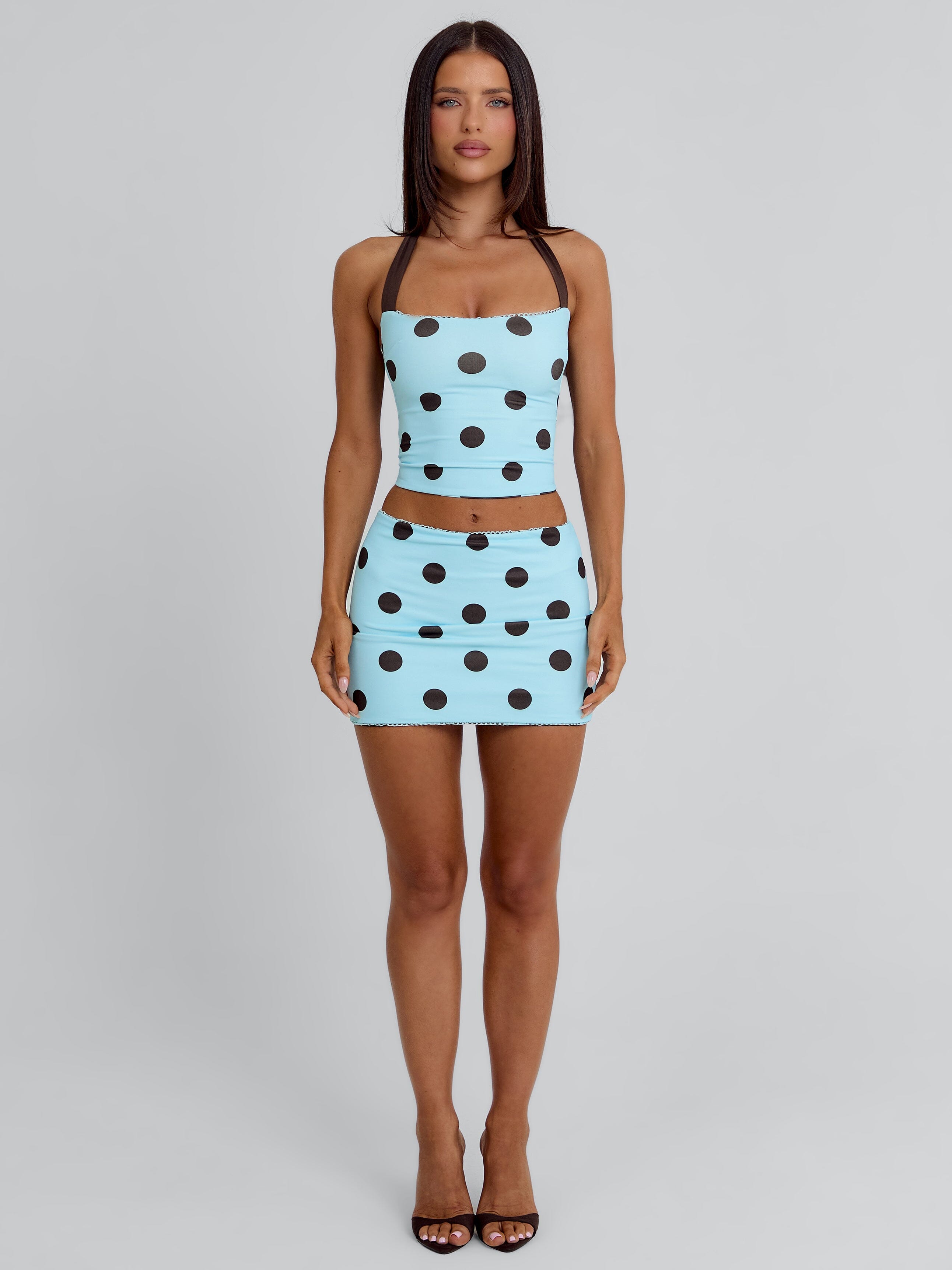 LULA REVERSIBLE TOP BLUE AND CHOCOLATE POLKA DOT