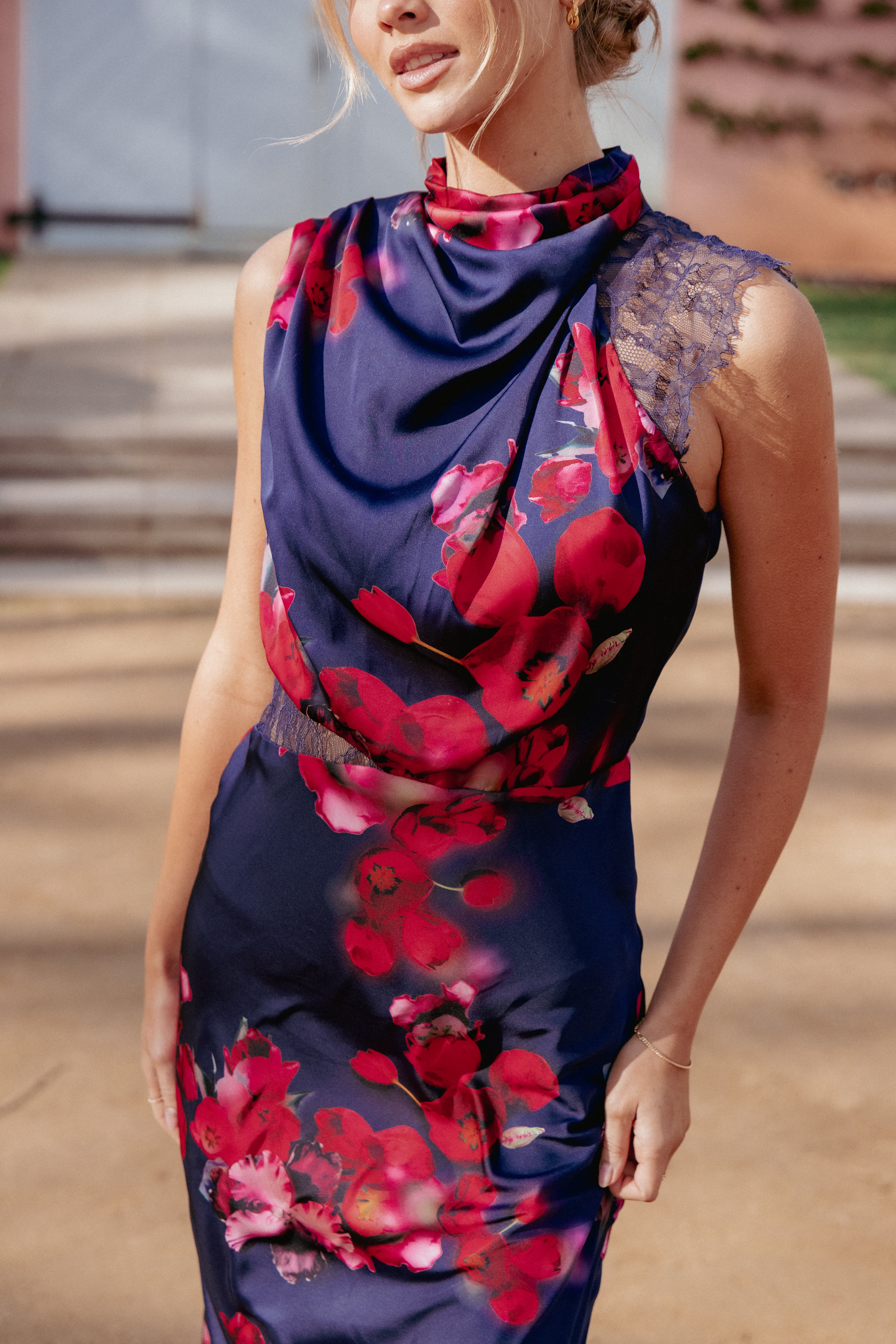 Anabelle Halter Neck Lace Maxi Dress - Navy Floral