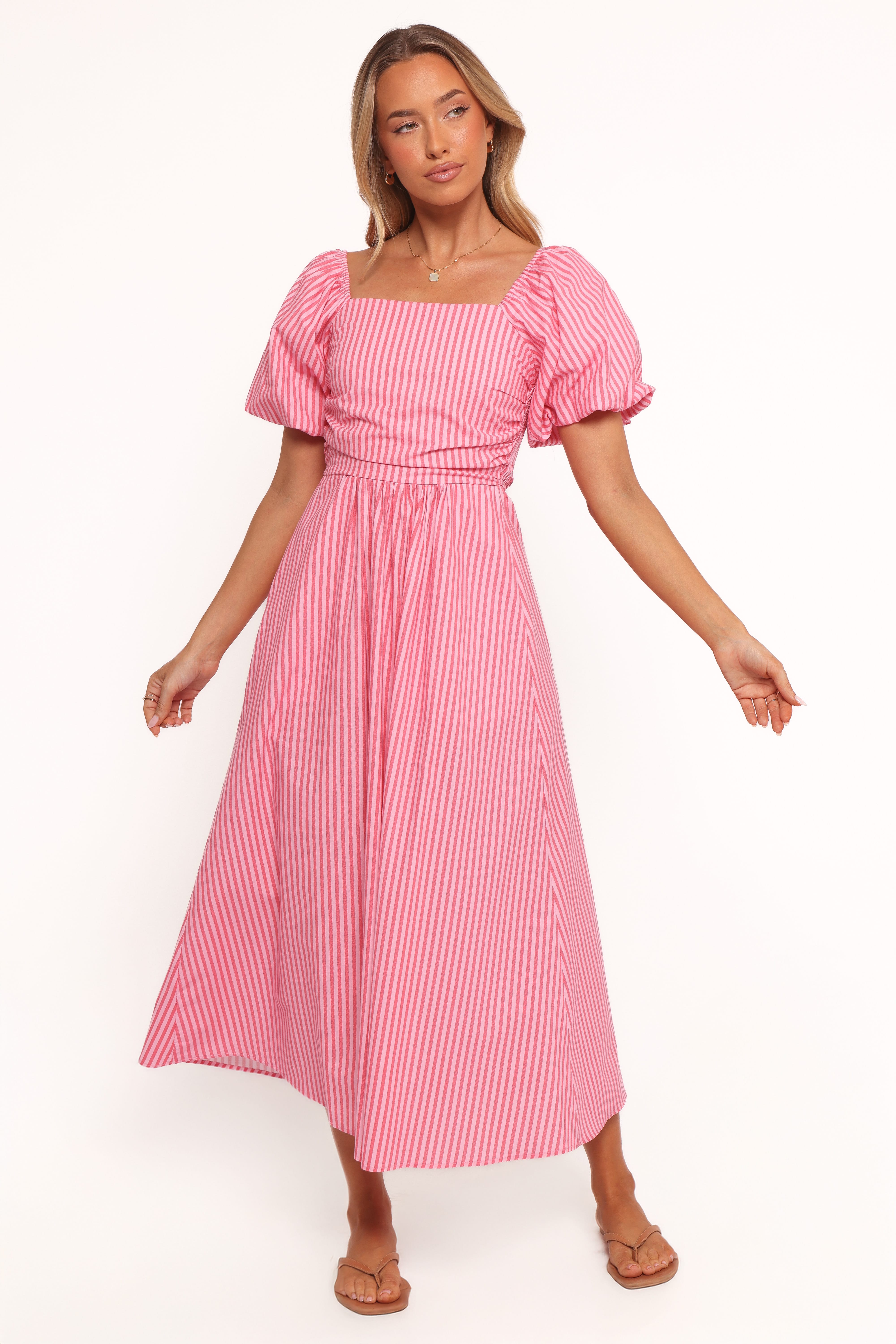 Chlo Puff Sleeve Midi Dress - Red Stripe